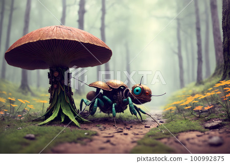 Scary small evil goblin-insect infected by parasite mushroom in the forest, AI generated 100992875