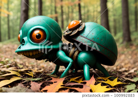 Scary small evil goblin-insect infected by parasite mushroom in the forest, AI generated 100992883