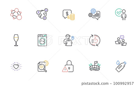 Refresh like, Wineglass and Teamwork line icons for website, printing. Collection of Lock, Integrity, Seo stats icons. Heart, Delivery man, Water bottle web elements. Washing machine. Vector Refresh like, Wineglass and Teamwork line icons for website, printing. Collection of Lock, Integrity, Seo stats icons. Heart, Delivery man, Water bottle web elements. Washing machine. Vector 100992957
