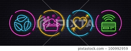 Love, Leaves and Hand washing minimal line icons. Neon laser 3d lights. Contactless payment icons. For web, application, printing. Valentines day, Nature leaf, Laundry basin. Credit card. Vector Love, Leaves and Hand washing minimal line icons. Neon laser 3d lights. Contactless payment icons. For web, application, printing. Valentines day, Nature leaf, Laundry basin. Credit card. Vector 100992959