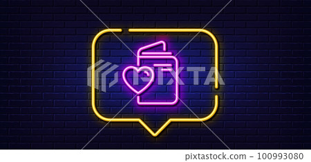 Neon light speech bubble. Love document line icon. Wedding passport sign. Couple relationships symbol. Neon light background. Love document glow line. Brick wall banner. Vector 100993080