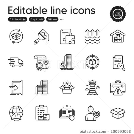 Set of Industrial outline icons. Contains icons as Return parcel, Construction document and Brush elements. Lighthouse, Packing boxes, Buildings web signs. Evaporation, Engineer. Vector Set of Industrial outline icons. Contains icons as Return parcel, Construction document and Brush elements. Lighthouse, Packing boxes, Buildings web signs. Evaporation, Engineer. Vector 100993098