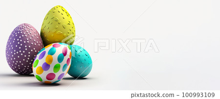 Easter eggs arranged in a colorful bunch on a white canvas. Generative AI. 100993109