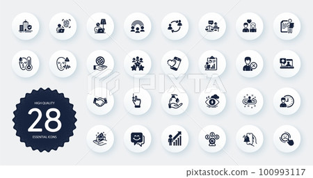 Set of People icons, such as Skin care, Couple love and Employees handshake flat icons. Apartment insurance, Alarm clock, Voice wave web elements. Recruitment, Court judge. Circle buttons. Vector 100993117