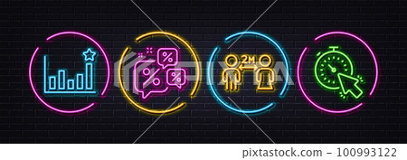 Discounts chat, Efficacy and Social distancing minimal line icons. Neon laser 3d lights. Timer icons. For web, application, printing. Sale bubbles, Business chart, Quarantine. Time management. Vector 100993122