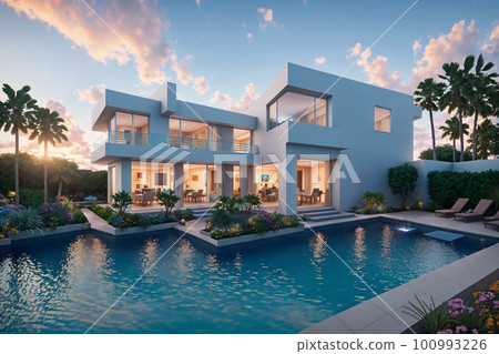 Futuristic luxury house in constructism style with open swimming pool at sea shore, in tropical country. Green lush plants, golden hour in light of sunset, vanilla clouds at tender sky. Ai generated. 100993226
