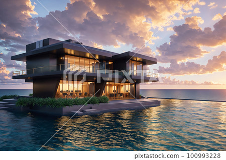 Futuristic luxury house with open swimming pool at sea shore, in tropical country. Green lush plants, golden hour in light of sunset, vanilla clouds at tender sky. Ai generated. 100993228