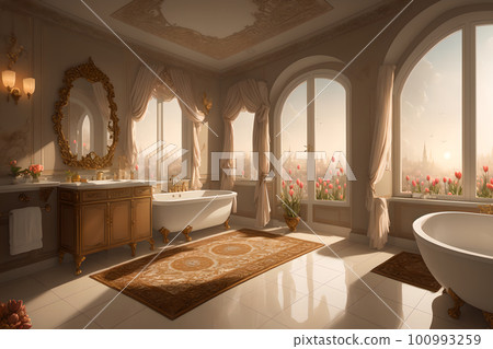 Luxurious bathroom interior in a modern royal palace, in light of sunset. AI generated 100993259