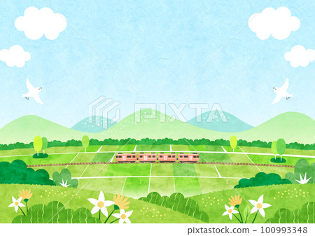 火車在鄉下奔跑,清新綠意盎然的田園風光水彩背景圖充滿大自然 火車在鄉下奔跑,清新綠意盎然的田園風光水彩背景圖充滿大自然 100993348