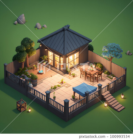 Cozy backyard area during nighttime, dining table and decoration, ai generated 100993534