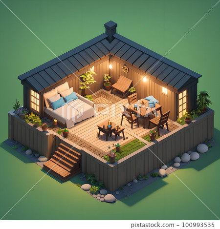 Cozy backyard area during nighttime, dining table and decoration, ai generated 100993535