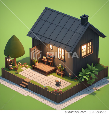 Cozy backyard area during nighttime, dining table and decoration, ai generated 100993536