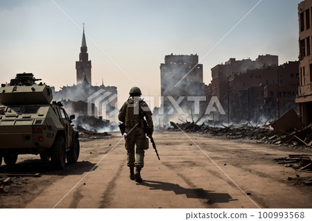 Postapocaliptic scene, military soldier waking on street of destroyed city and searching for enemy soldiers. War Concept. Fire and ruins everywhere. AI generated 100993568