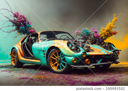 Partially destructed, decayed premium sportcar unically painted, in multicolor fog. AI generated, this is not real existing model 100993582