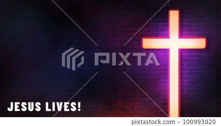 Jesus Lives cyberpunk web banner. Christian 100993820