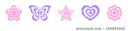 Repeating flower, butterfly, star and heart icons in y2k retro style. 2000s design objects in pastel colors. Cute girly vintage stickers isolated on whiyte background 100993880