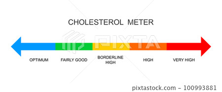 Cholesterol meter horizontal scale. Lipoprotein levels from optimum to very high. Atherosclerosis, hyperlipidemia, hypercholesterolemia risk colorful chart 100993881