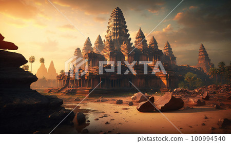 Old Asian temple at sunset, ancient oriental architecture, generative AI. Old Asian temple at sunset, ancient oriental architecture, generative AI. 100994540