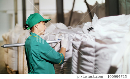woman, employee of agricultural enterprise, takes samples of corn grain from big bags in warehouse for analysis in lab. woman, employee of agricultural enterprise, takes samples of corn grain from big bags in warehouse for analysis in lab. 100994715