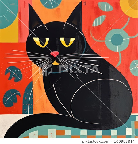 Stylized cute black cat vibrant colors kitsch mid century modern art abstract background. Stylized cute black cat vibrant colors kitsch mid century modern art abstract background. 100995814