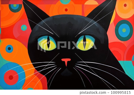 Stylized cute black cat vibrant colors kitsch mid century modern art abstract background. Stylized cute black cat vibrant colors kitsch mid century modern art abstract background. 100995815