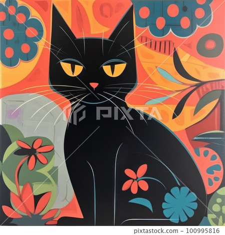 Stylized cute black cat vibrant colors kitsch mid century modern art abstract background. Stylized cute black cat vibrant colors kitsch mid century modern art abstract background. 100995816