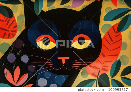 Stylized cute black cat vibrant colors kitsch mid century modern art abstract background. Stylized cute black cat vibrant colors kitsch mid century modern art abstract background. 100995817