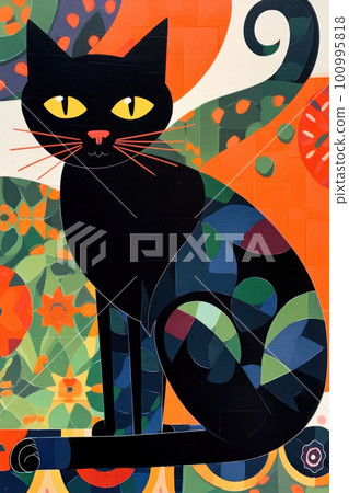 Stylized cute black cat vibrant colors kitsch mid century modern art abstract background. Stylized cute black cat vibrant colors kitsch mid century modern art abstract background. 100995818