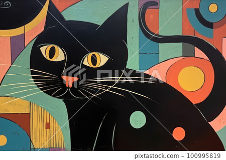 Stylized cute black cat vibrant colors kitsch mid century modern art abstract background. Stylized cute black cat vibrant colors kitsch mid century modern art abstract background. 100995819