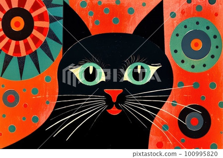 Stylized cute black cat vibrant colors kitsch mid century modern art abstract background. Stylized cute black cat vibrant colors kitsch mid century modern art abstract background. 100995820