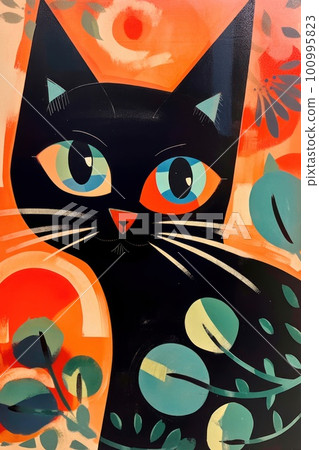Stylized cute black cat vibrant colors kitsch mid century modern art abstract background. Stylized cute black cat vibrant colors kitsch mid century modern art abstract background. 100995823