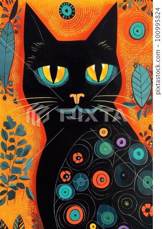 Stylized cute black cat vibrant colors kitsch mid century modern art abstract background. Stylized cute black cat vibrant colors kitsch mid century modern art abstract background. 100995824