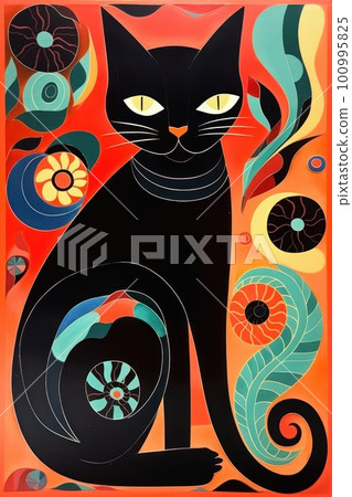 Stylized cute black cat vibrant colors kitsch mid century modern art abstract background. Stylized cute black cat vibrant colors kitsch mid century modern art abstract background. 100995825