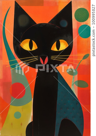 Stylized cute black cat vibrant colors kitsch mid century modern art abstract background. Stylized cute black cat vibrant colors kitsch mid century modern art abstract background. 100995827