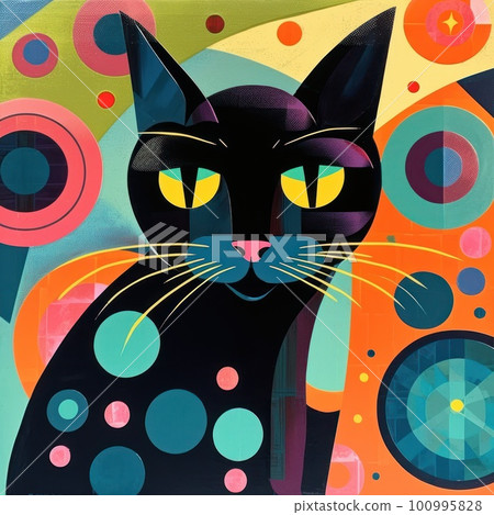 Stylized cute black cat vibrant colors kitsch mid century modern art abstract background. Stylized cute black cat vibrant colors kitsch mid century modern art abstract background. 100995828
