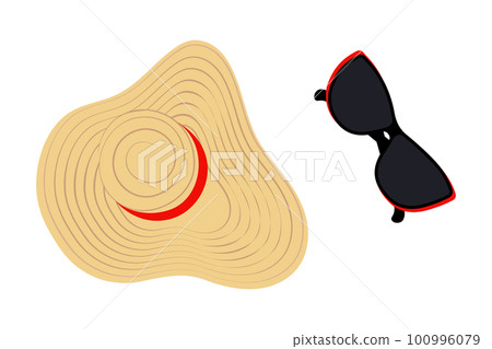 Set of a summer hat with wide brim and a strips around and black sunglasses. Sticker. Icon. Isolate Set of a summer hat with wide brim and a strips around and black sunglasses. Sticker. Icon. Isolate 100996079