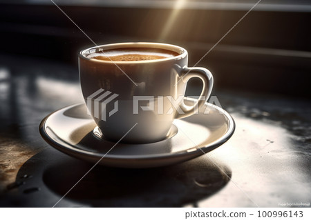 Close up of cap of coffee with smoke on table. 100996143