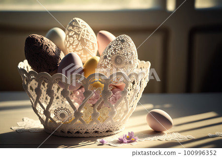 Handmade Easter eggs with white lace floral design on table next to window. Trendy light and shadow. AI 100996352