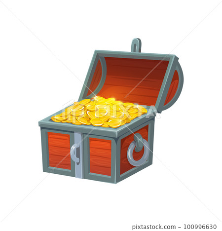 Open treasure chest with golden coins, vector wooden trunk with pirate loot. Isolated cartoon box, ui game asset. Opened coffer with gold trophy, ancient royal money case, decorated box with treasury 100996630