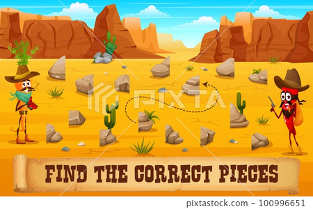 Western kids game find the correct piece of stones in wild west desert. Match the half cartoon vector worksheet with funny cowboys carrot and chilli pepper in arizona canyon with separated rocks Western kids game find the correct piece of stones in wild west desert. Match the half cartoon vector worksheet with funny cowboys carrot and chilli pepper in arizona canyon with separated rocks 100996651
