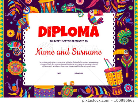 Kids diploma with Brazilian drums, toucans and parrots, Mexican chameleons and turtles, vector certificate. School or kindergarten education award, certificate diploma with colofrul flowers and birds Kids diploma with Brazilian drums, toucans and parrots, Mexican chameleons and turtles, vector certificate. School or kindergarten education award, certificate diploma with colofrul flowers and birds 100996662