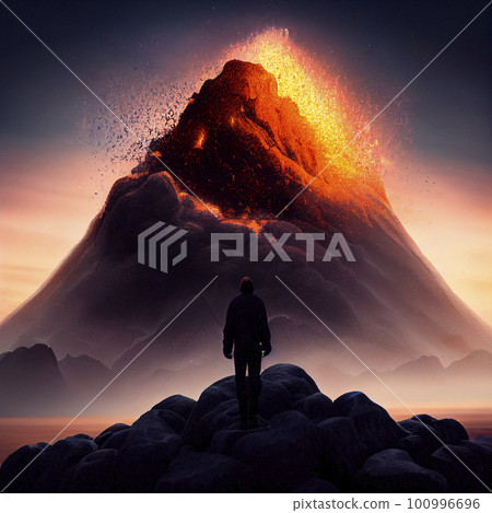 A man stands in front of an active volcano A man stands in front of an active volcano 100996696