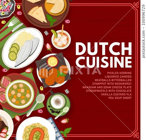 Dutch cuisine menu cover, Netherlands dishes and meals vector poster. Dutch cuisine dinner and lunch dishes with bitterballen meatballs with stamppot rookworst sausage cheese plate and stroopwafel 100996729
