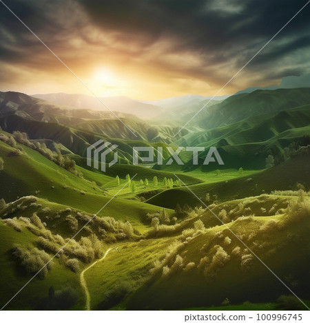Beautiful summer landscape with mountains, hills and nature Beautiful summer landscape with mountains, hills and nature 100996745