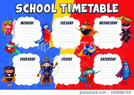 Timetable schedule cartoon superhero berry characters. Education school time table vector template with comics book raspberry, cranberry, barberry and black currant. Birds cherry, strawberry or grapes Timetable schedule cartoon superhero berry characters. Education school time table vector template with comics book raspberry, cranberry, barberry and black currant. Birds cherry, strawberry or grapes 100996748