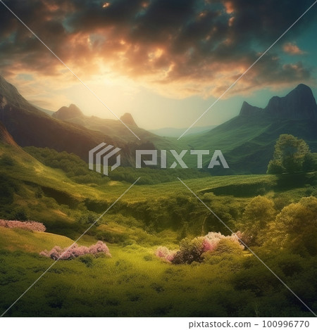 Beautiful summer landscape with mountains, hills and nature 100996770