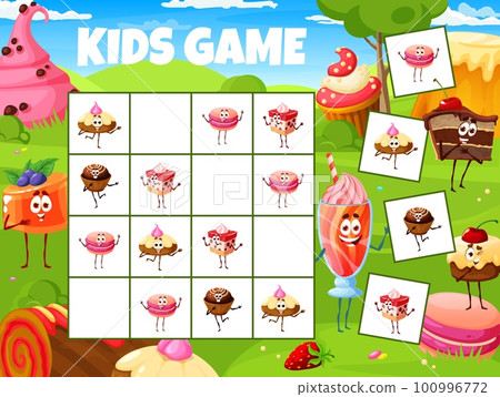 Sudoku kids game, cartoon desserts, sweets and cake characters on meadow, vector quiz puzzle. Donut, macaroon, cheesecake and cupcake with pastry sweets on sudoku riddle find and match worksheet grid Sudoku kids game, cartoon desserts, sweets and cake characters on meadow, vector quiz puzzle. Donut, macaroon, cheesecake and cupcake with pastry sweets on sudoku riddle find and match worksheet grid 100996772