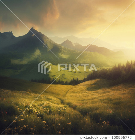 Beautiful summer landscape with mountains, hills and nature Beautiful summer landscape with mountains, hills and nature 100996773