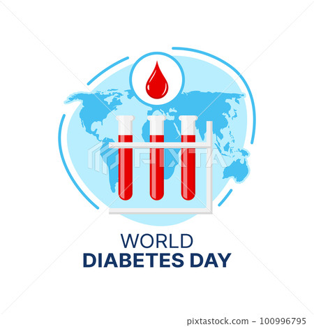 World Diabetes Day icon of vector blood drop in blue circle, glucose or sugar level test tubes on world map background. Global awareness campaign of diabetes mellitus disease, 14th November symbol World Diabetes Day icon of vector blood drop in blue circle, glucose or sugar level test tubes on world map background. Global awareness campaign of diabetes mellitus disease, 14th November symbol 100996795