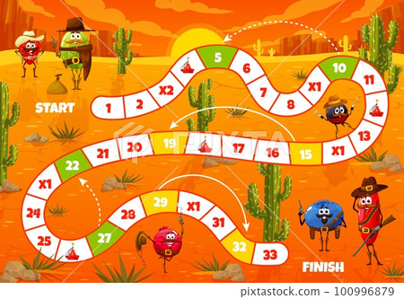 Wild west cartoon berry cowboys and bandits. Step board game worksheet. Kid vector boardgame with gooseberry, strawberry, black currant and blueberry, barberry and cranberry personages on snake path Wild west cartoon berry cowboys and bandits. Step board game worksheet. Kid vector boardgame with gooseberry, strawberry, black currant and blueberry, barberry and cranberry personages on snake path 100996879